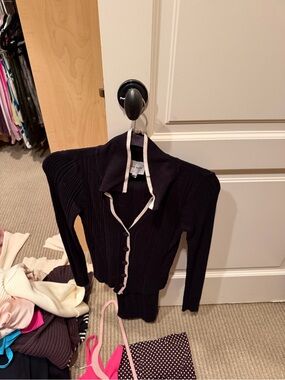 Ribbed Black Button-Front Sweater with Contrast Trim